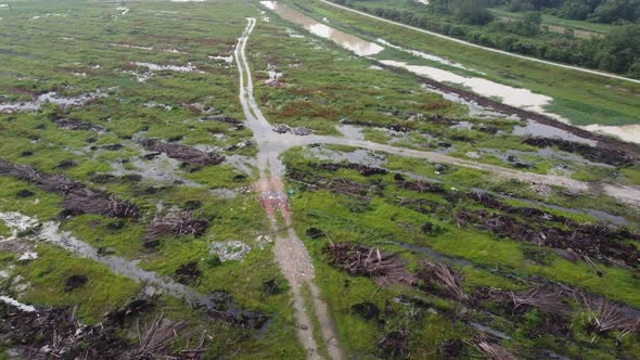 Aerial move over flood path in land clearing of oil palm tree