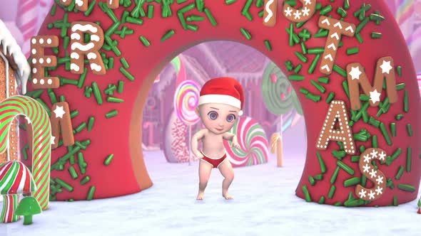 Baby Santa dancing in a candy village