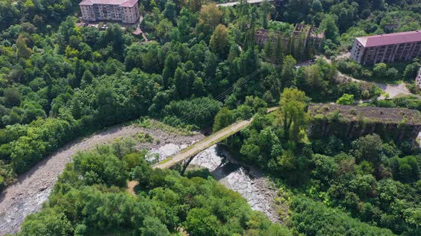 Ruined Lost Overgrown Mining Ghost Town Akarmara Consequences of War in Abkhazia Aerial View From