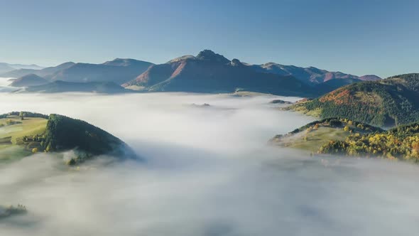 Aerial Panoramic View above Foggy Nature Landscape in Autumn Mountains