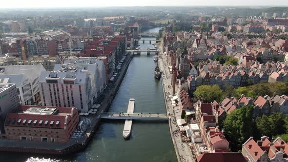 Flying over Motlawa river in Gdansk, Poland, Europe