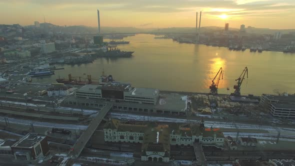Drone View to a Railway Station Golden Horn Bay Cable Bridge at Sunrise