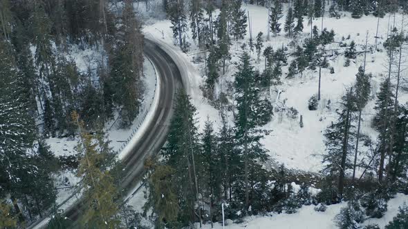 Aerial View Of Road In Winter Forest During Daytime - aerial drone shot