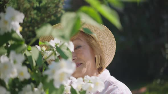 Joyful Satisfied Senior Woman Standing in Garden Admiring Beauty of Flowers on Branch Smiling