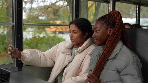 Joyful Diverse Girls Taking Selfie on School Bus