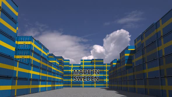 Many Containers with MADE IN SWEDEN Text and Flags