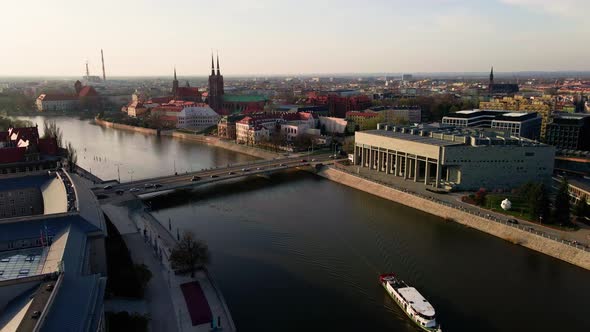 Wroclaw Panorama with Car Bridge Over Odra River Aerial View