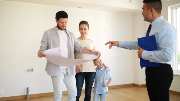 Happy Family and Realtor at New House or Apartment 