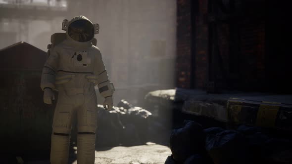 Lost Astronaut Near Abandoned Industrial Buildings of Old Factory