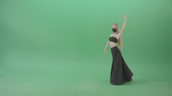 Blonde Ballet Girl In Black Dress And Mask Dancing Corona Virus Flamenco On Green Screen