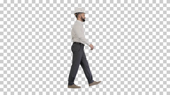 Businessman in formal wear and white hardhat walking, Alpha Channel