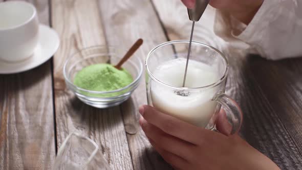 Matcha Tea Bright Green Plant Based Milk Preparation Drink, Mixer Froth Milk To Make Green Tea