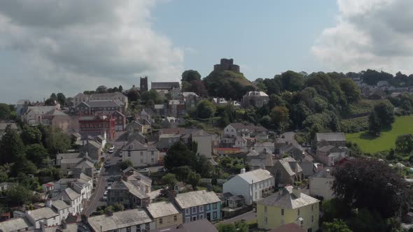 Establishing shot of the old town of Launceston, Cornwall, Aerial taken from drone