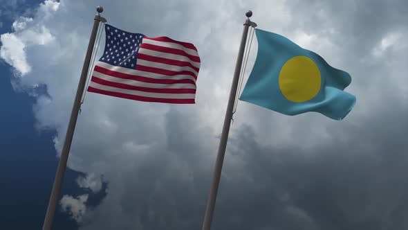 Waving Flags Of The United States And The Palau 4K