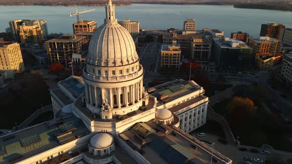 golden hour madison state capitol architecture city in wisconsin aerial footage