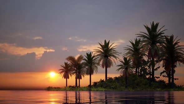 island in the middle of the sea. sunset