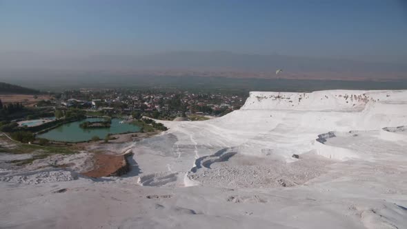 A view on white terraces of Pamukkale in Turkey