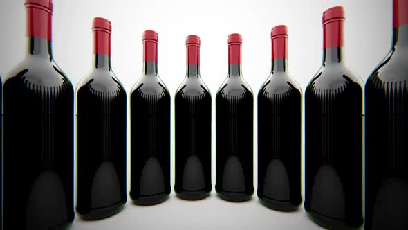 Animation of unlabelled red wine bottles standing in a circle. Loopable. HD