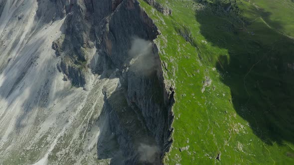 top down aerial of seceda mountain cliffs, Dolomites, Italian Alps