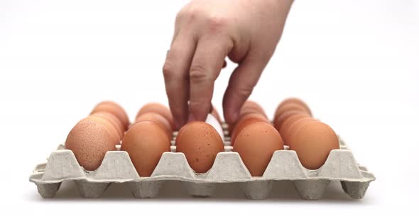 Close Up of Close Up of a Hand Picking Out One White Chicken Egg in Between Brown Eggs in a