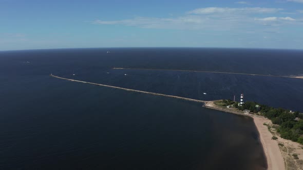 Aerial View of the Lighthouse and Mole at River Daugava in Latvia