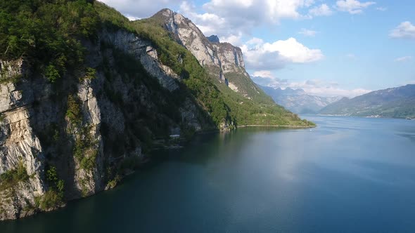 Aerial video of the Swiss Alps and Walensee Lake in Switzerland during Summer (2)