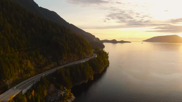 Sea to Sky Hwy in Howe Sound near Horseshoe Bay, West Vancouver, British Columbia, Canada. Aerial pa