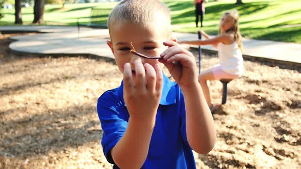 Little boy in bright blue shirt examines tree seed and falls backward while blonde girl plays with p