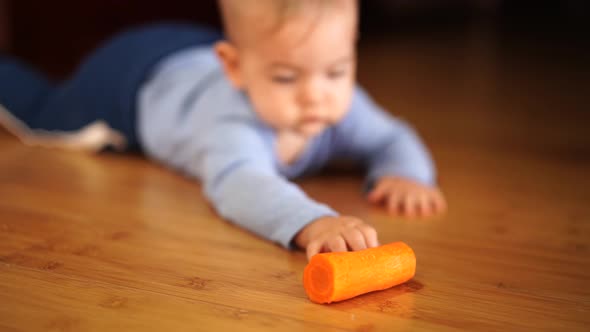 Baby Crawls Towards a Carrot Lying on the Floor