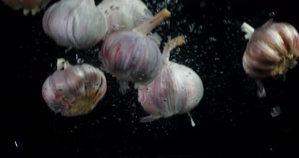 Garlic Falls Into the Water with Air Bubbles. 