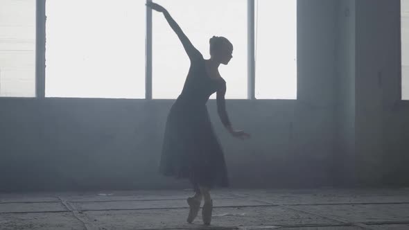 Graceful Ballerina Dancing in Black Dress in the Studio in Front of a Large Window. Young Beautiful