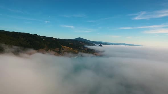 AERIAL: Pushing towards the Oregon coastline the mist falls away to reveal a beautiful oceanside.