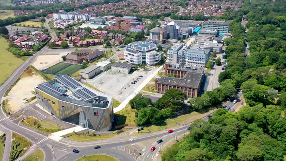 Aerial footage of the Bournemouth University, Talbot Campus buildings