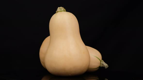 Butternut Squash and half Butternut Squash rotation isolated on black background, Close up