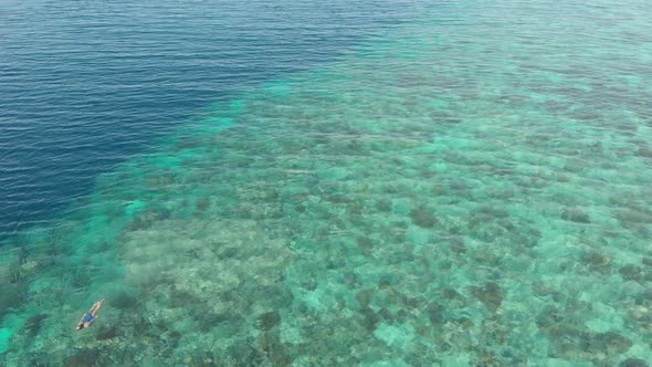 Aerial: woman snorkeling on coral reef tropical caribbean sea turquoise water In