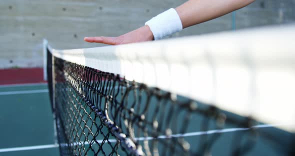 Sportswoman touching net