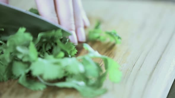 Closeup of cutting fresh greens on a wood cutting board.