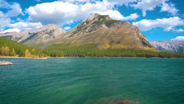 Pan Right of Lake Minnewanka with a Speedboat in Banff National Park Canada