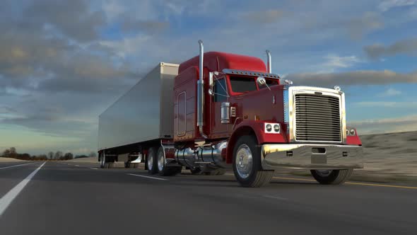 Huge semi-trailer cargo truck riding on the highway. Front view animation. HD