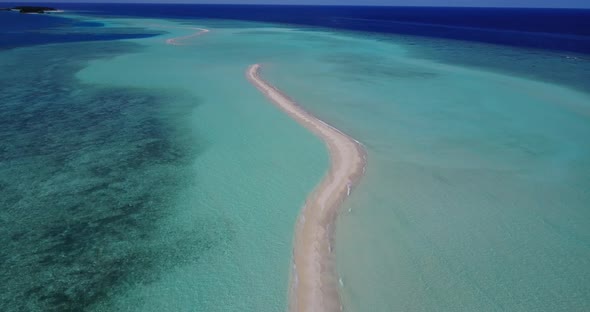 Natural overhead copy space shot of a white sand paradise beach and blue water background in colourf