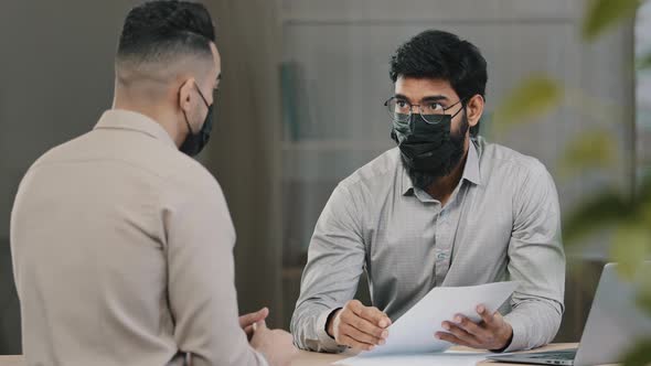 Arabian Lawyer Banker Businessman Hispanic Man Salesman Analyst in Medical Mask Consult Sick Client