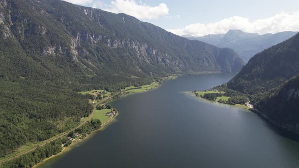 Aerial view Hallstätter See and big mountains Alps, Hallstatt, Austria