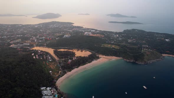 Sunset Drone Flight Over the Popular Tourist Beach in Nai Harn Rawai Southern Phuket