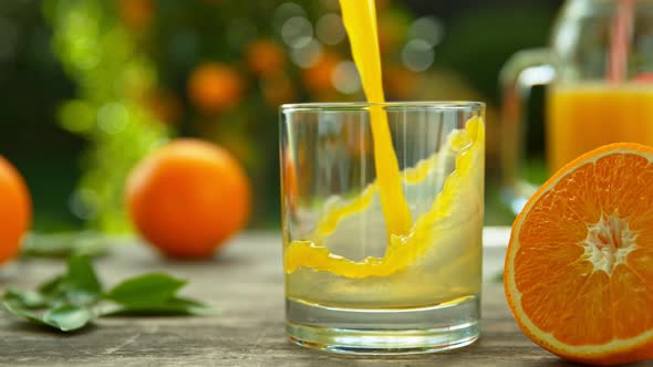 Super Slow Motion Shot of Fresh Orange Juice Being Poured in a Glass at 1000Fps