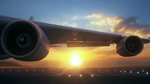 Camera Moving Close to Large Airplane Wing Showing its Engines Rotating