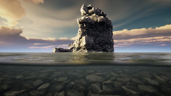 Ocean Seascape with Sky and Ocean Wave Splitted By Waterline to Underwater Part