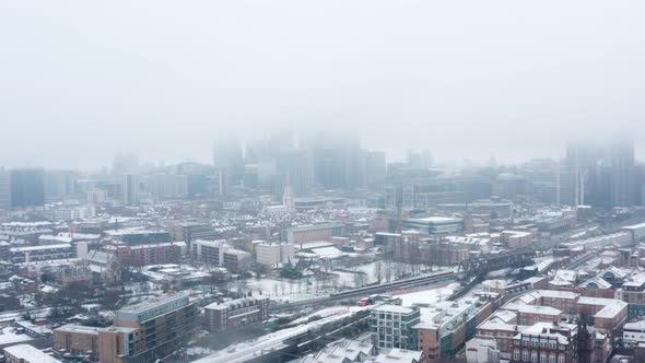 Aerial drone shot towards London City centre on a snow day January 2021