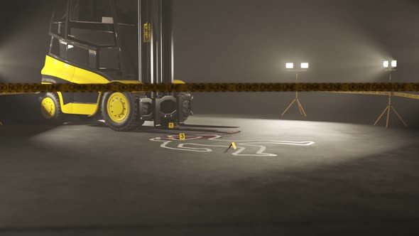 Warehouse forklift operator accident. Crime scene. Zooming in animation.