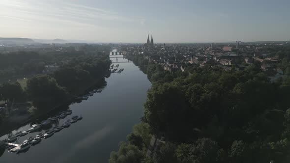 Aerial flight over the old town of Regensburg