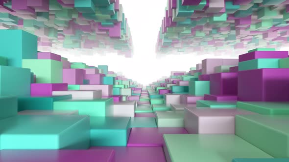 Abstract Geometric Tunnel Made of Green Pink Cubes with Random Movement. Seamless Loop 3d Render